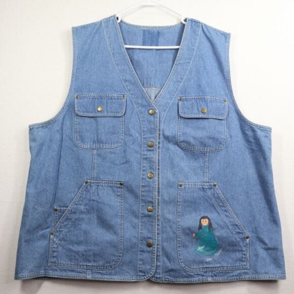Vintage Hand-Painted Denim Vest Womens 3X Blue Southwest Folk Art Dancing - Picture 2 of 9